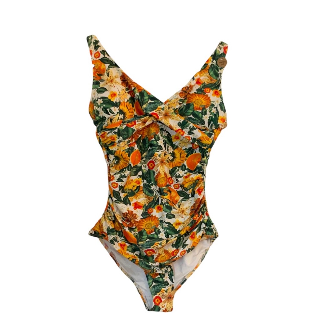 NipTuck Swim Floral Twist-Front One-Piece Swimsuit in Green & Orange